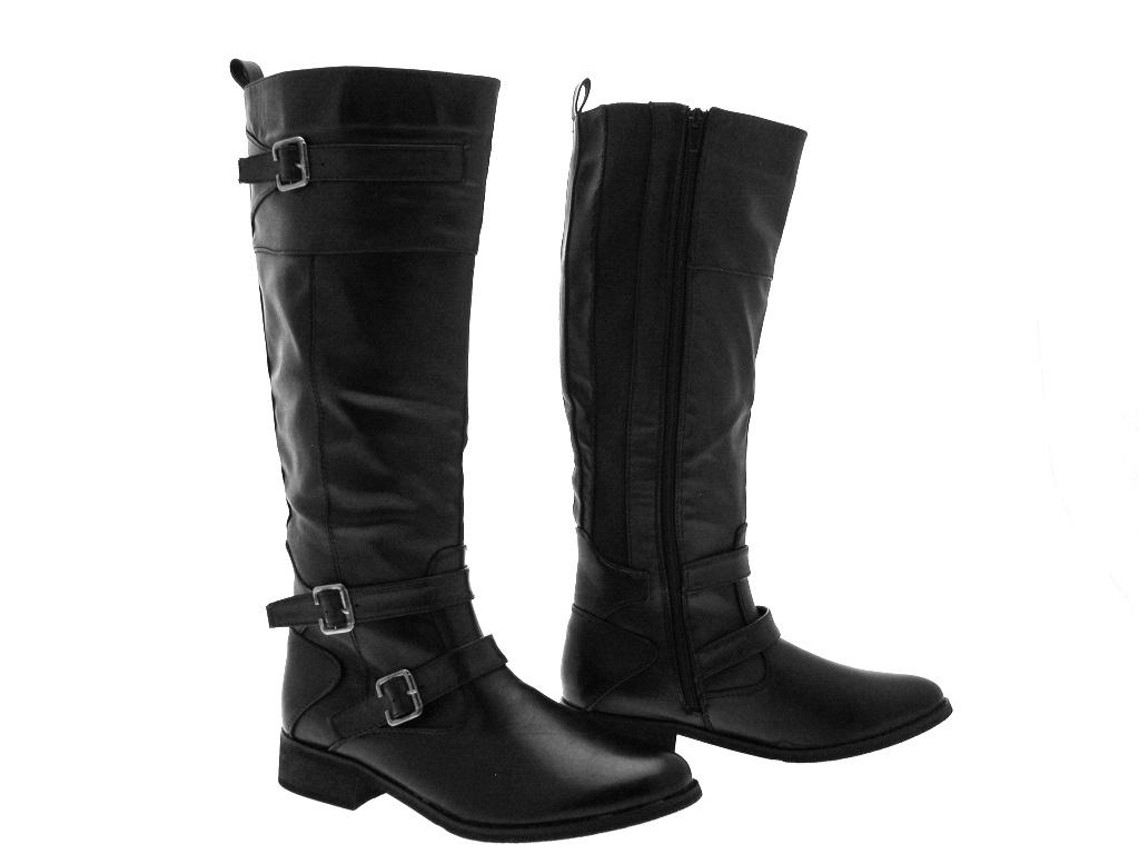 WOMENS BUCKLE RIDING BOOTS KNEE HIGH FAUX LEATHER BLACK TAN LADIES SIZE